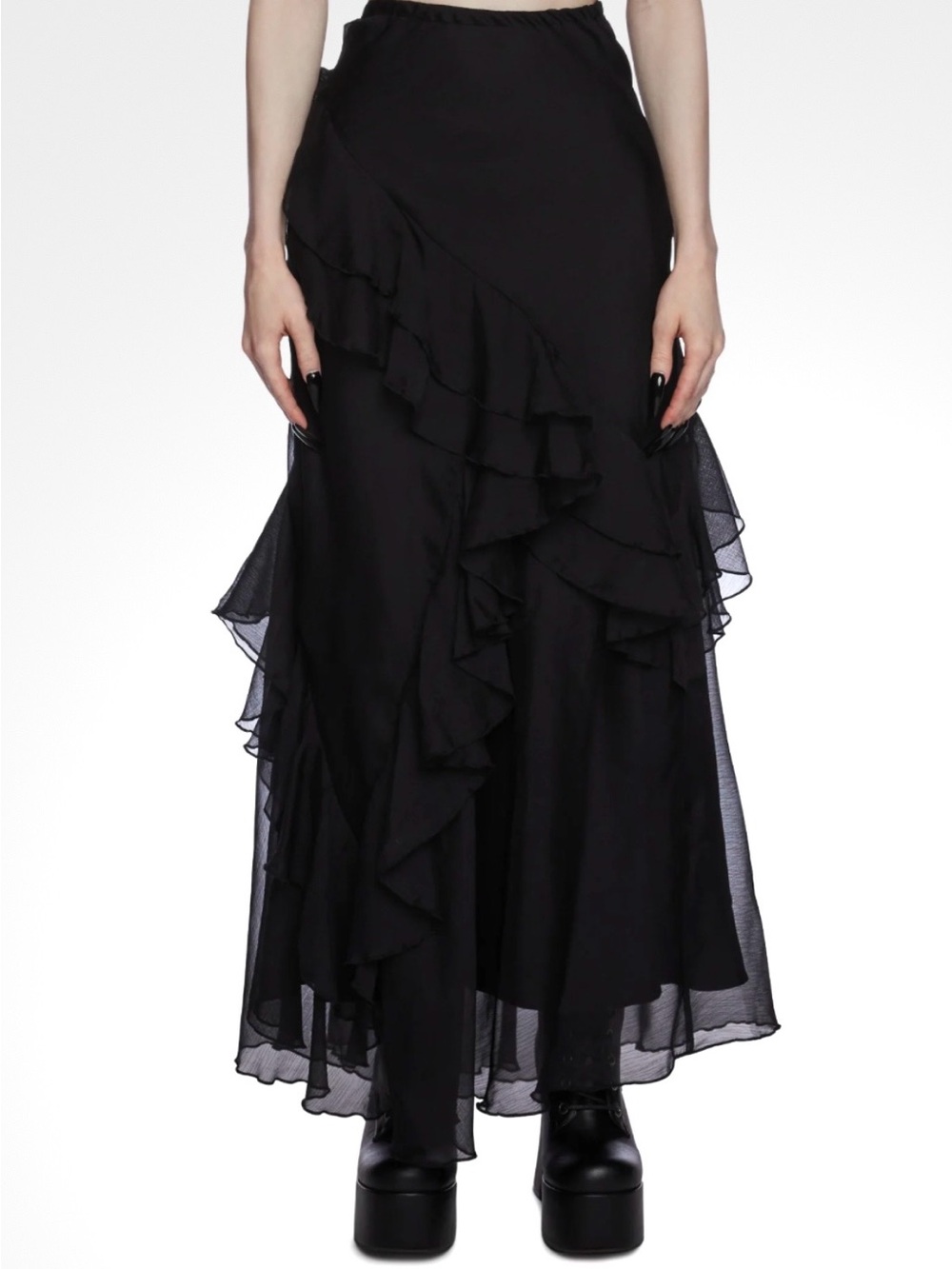 Widow Dolls Kill Chiffon Ruffle Tiered Maxi Asymmetrical Skirt - Whimsigoth - Picture 7 of 7